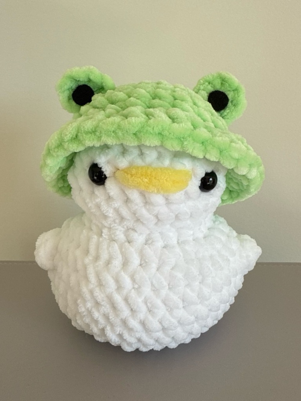 Plush White Duck with Green Frog Hat - Crochet